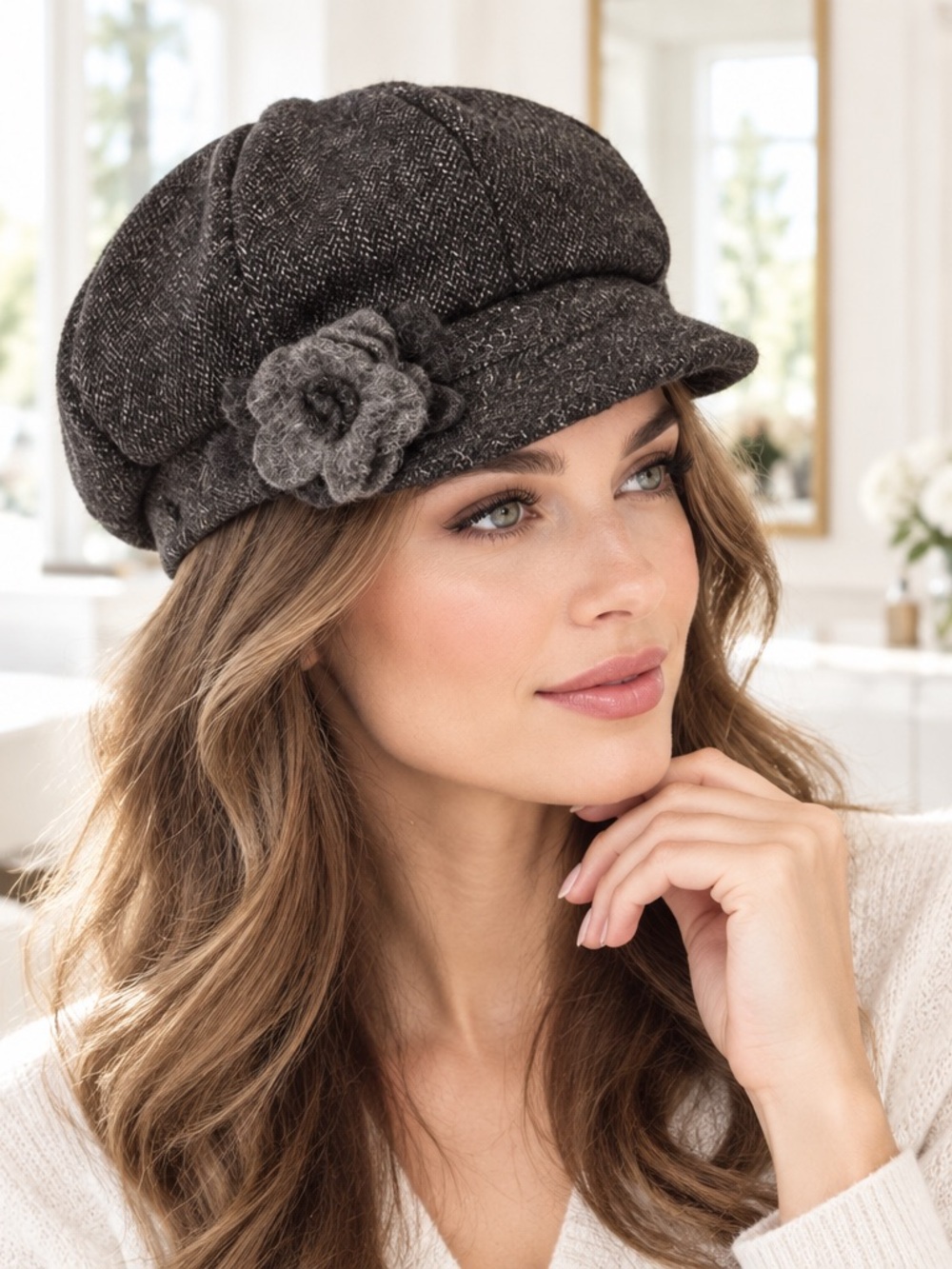 BORDONI Women’s Stylish Brown Tweed Newsboy Cap with Flower Accent